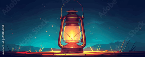 Antique brass lantern with glowing light and handle Vector flat minimalistic isolated illustration