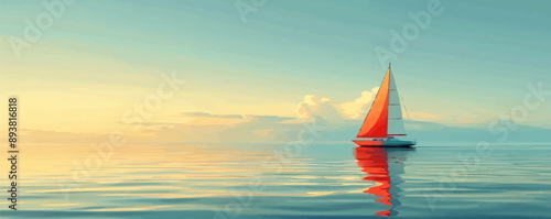 Sailing boat gliding on calm waters. Vector flat minimalistic isolated illustration.