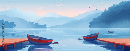 Tranquil lakeside dock with rowboats Vector flat minimalistic isolated illustration