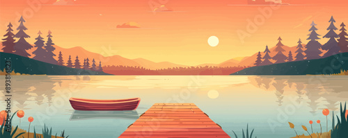 A serene lakeside scene with a wooden dock and a rowboat floating in the water. Vector flat minimalistic isolated illustration.