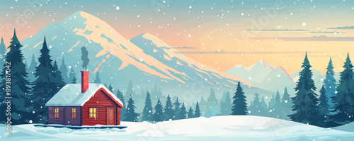 Serene mountain cabin with a smoking chimney Vector flat minimalistic isolated illustration