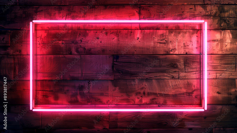 Glowing pink neon rectangular frame mounted on a textured wooden wall, creating a vibrant and modern aesthetic with contrasting rustic and urban elements. Glowing pink neon rectangular frame mounted on a textured wooden wall, creating a vibrant and modern aesthetic with contrasting rustic and urban elements.