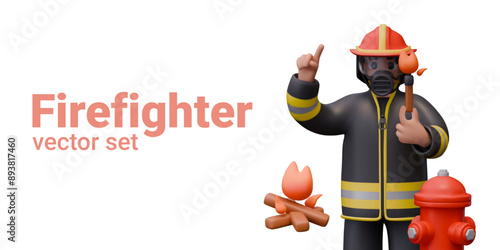 Fireman stands near fireplug and holds lit match, firewood is burning