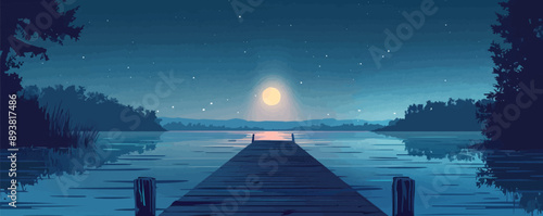 Moonlit shadows dancing on a tranquil lakeside dock. Vector flat minimalistic isolated illustration.