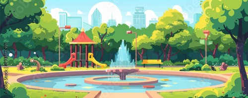 Vibrant city park with playground and fountain Vector flat minimalistic isolated illustration