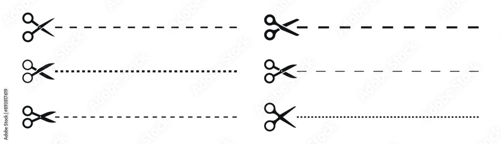 Set of scissors with cut lines. Black scissors cutting. Vector icons. Set of scissors with cut lines. Black scissors cutting. Vector icons.