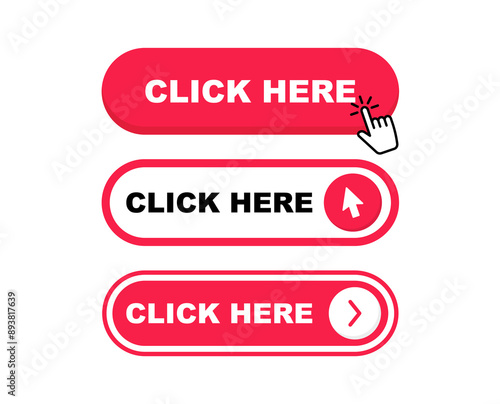 Click Here Button with pointer clicking. Web button set. Click button. Clicking the icon. Action button click here with click cursor. Vector illustration.