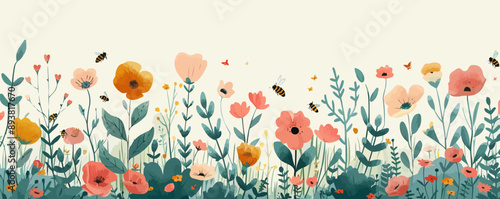 A whimsical enchanted garden with blooming flowers and buzzing bees. Vector flat minimalistic isolated illustration.