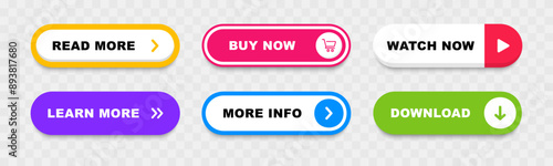 Click Here Web Buttons. Action button set. Read more, learn more, buy now, watch now, download, more info buttons. Vector illustration.