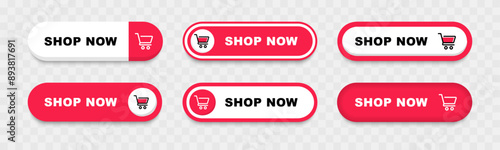 Shop now buttons. Set of shop now buttons with cart icon. Buy now button for online shop. Call for action buttons. Modern colorful buttons for website design. Vector illustration.