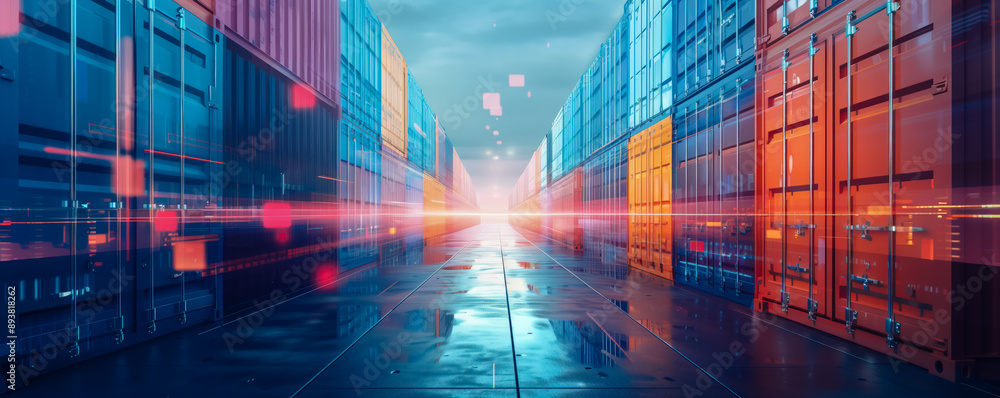 Fototapeta premium Abstract illustration of the warehouse with many containers on it. Shipping and delivering concept.