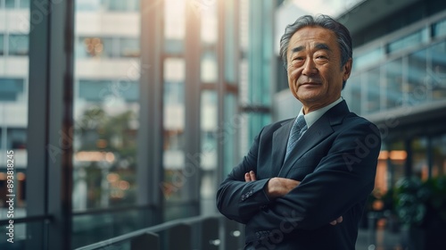A man in a suit and tie stands in front of a glass wall