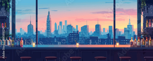 Urban rooftop bar with city skyline views Vector flat minimalistic isolated illustration