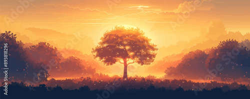 A mystical forest clearing bathed in golden sunlight with a solitary tree in the center. Vector flat minimalistic isolated illustration.