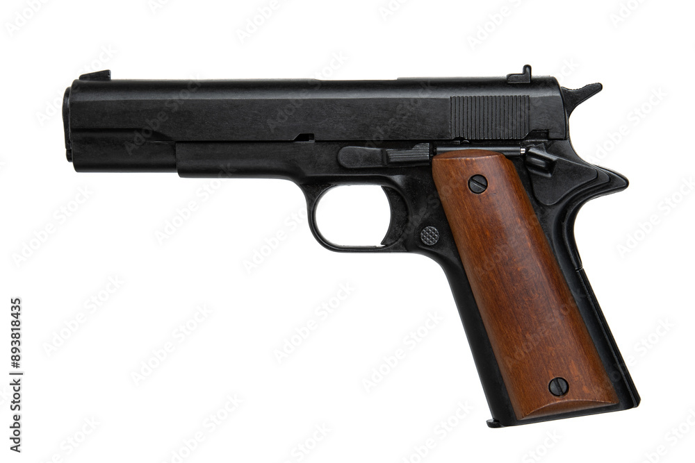 Semi-automatic pistol with wooden handle. Armament for the army and police. Short-barreled weapon. Isolate on white back. Semi-automatic pistol with wooden handle. Armament for the army and police. Short-barreled weapon. Isolate on white back.