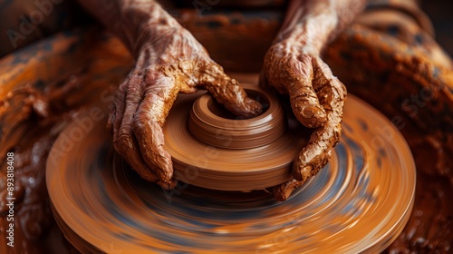 A close-up of a potter's hands shaping clay on a pottery wheel, demonstrating the delicate touch and sensitivity needed to create pottery.