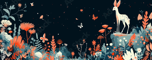 Whimsical wonderland of fantastical creatures and magical realms. Vector flat minimalistic isolated illustration.