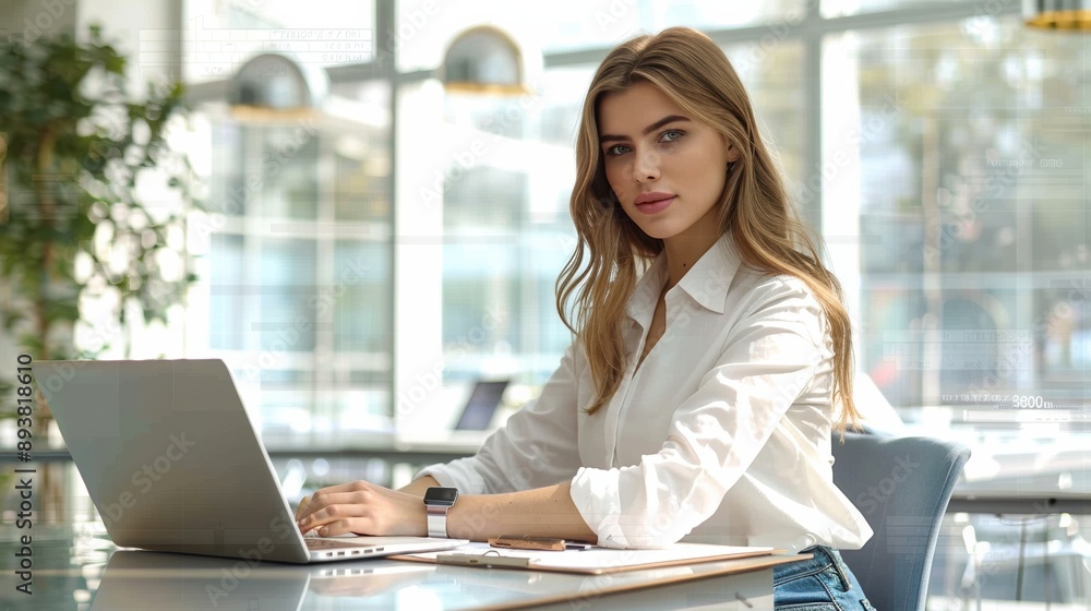 A woman is sitting at a desk with a laptop and a clipboard A woman is sitting at a desk with a laptop and a clipboard