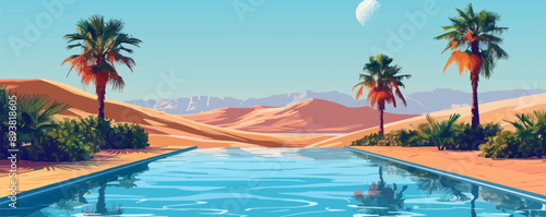 Desert oasis with palm trees and a shimmering pool. Vector flat minimalistic isolated illustration.