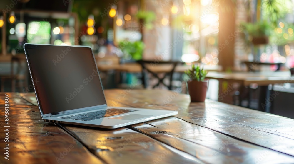 Laptop on wooden table in cafe with space for text Laptop on wooden table in cafe with space for text