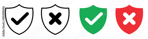Protection and unprotection, green shield checkmark & red shield cross signs collection vector.