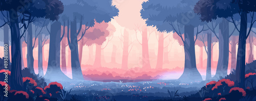 Enchanted forest with towering trees and mystical creatures. Vector flat minimalistic isolated illustration.