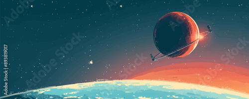 Space station orbiting a distant planet Vector flat minimalistic isolated illustration