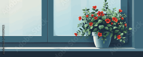 Flower pot on a windowsill. Vector flat minimalistic isolated illustration.