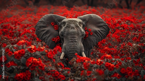 Elephant in a Field of Red Flowers photo