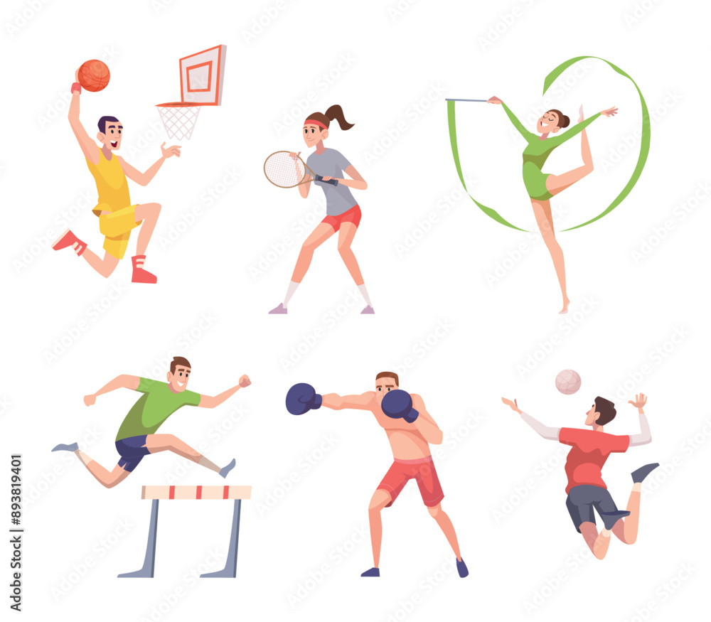 Olympic sports. Active fitness characters in action poses sport games exact vector cartoon people fitness activities Olympic sports. Active fitness characters in action poses sport games exact vector cartoon people fitness activities