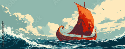 Ancient Viking longship sailing on stormy seas Vector flat minimalistic isolated illustration