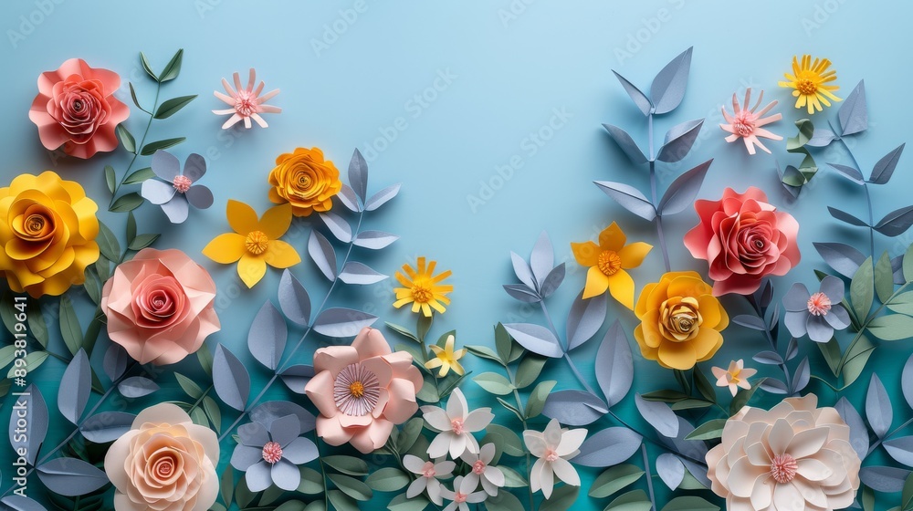 A collection of colorful paper flowers and leaves arranged on a light blue background A collection of colorful paper flowers and leaves arranged on a light blue background