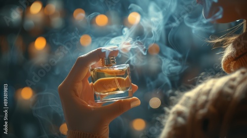 A woman applying a dab of perfume to her wrist, with a subtle mist hanging in the air, illustrating the concept of delicate fragrance.