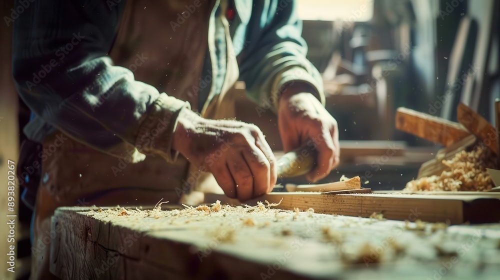 Close up Carpenter works with wood in the workshop. Small business, production, craft concept. Close up Carpenter works with wood in the workshop. Small business, production, craft concept.