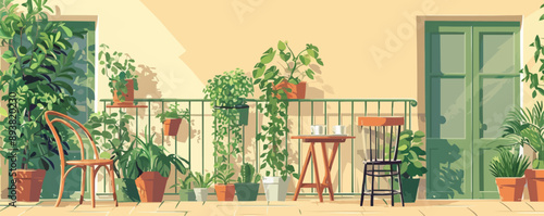 A balcony with plants, chairs, and cups of coffee. Vector flat minimalistic isolated illustration.