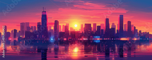 Modern cityscape at sunset with illuminated buildings Vector flat minimalistic isolated illustration
