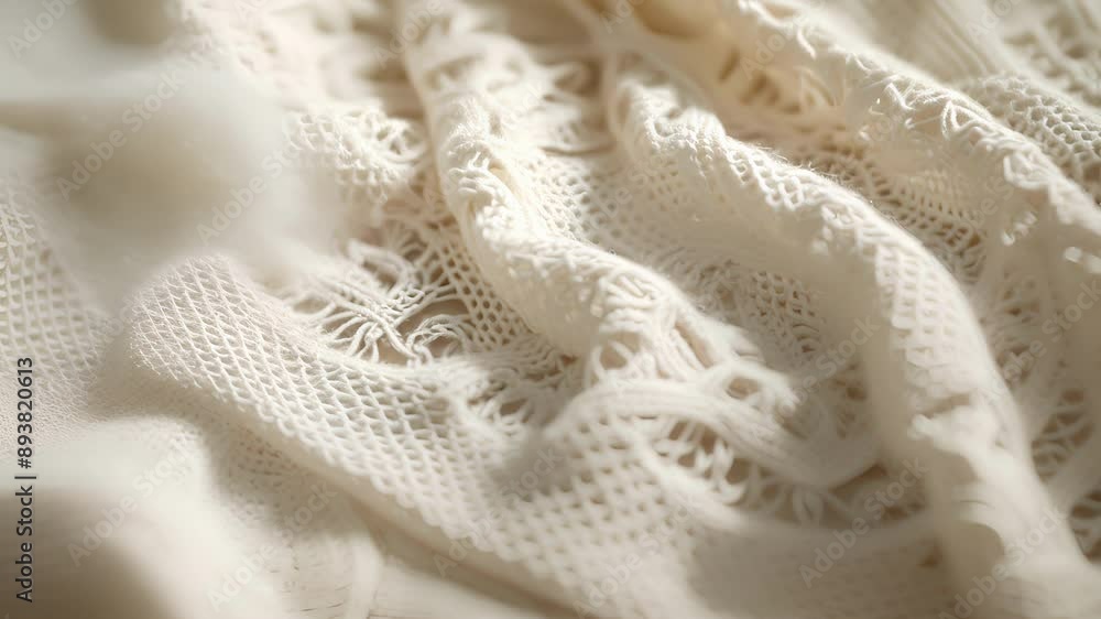 The closeup of a handknitted shawl showcasing the intricate lacelike stitches and the delicate d of the fabric. The closeup of a handknitted shawl showcasing the intricate lacelike stitches and the delicate d of the fabric.