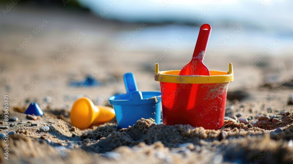 Plastic bucket and shovel toys in the sand Plastic bucket and shovel toys in the sand