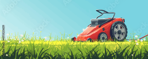 Nostalgic push lawn mower on green grass Vector flat minimalistic isolated illustration