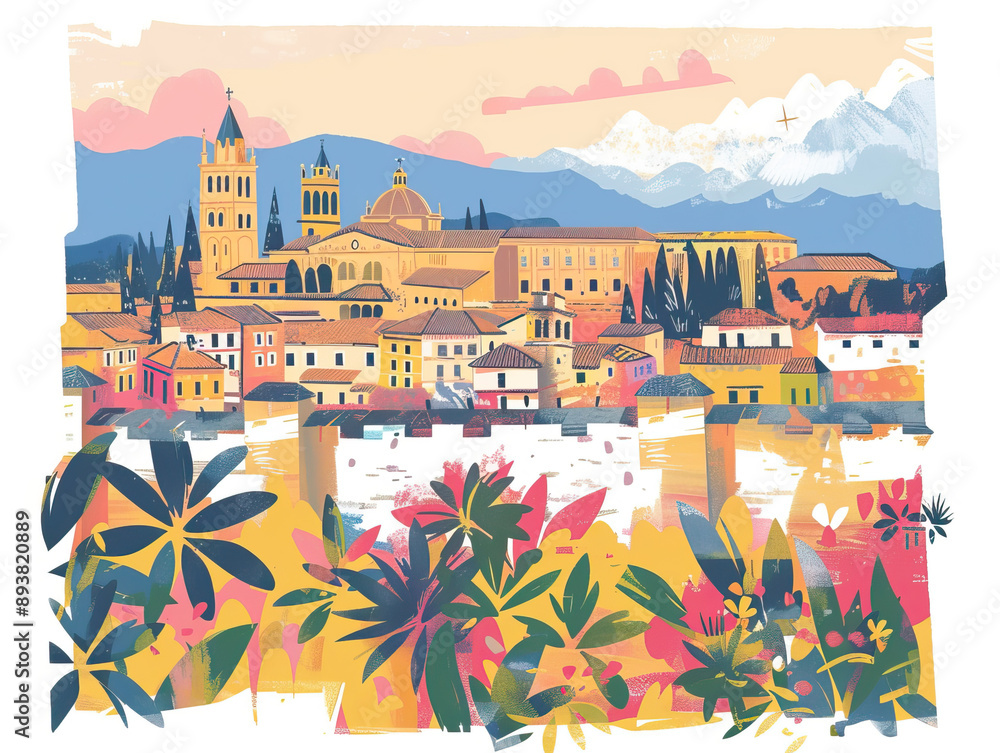 Obraz premium Risograph vibrant riso print travel poster, card, wallpaper or banner illustration, modern, isolated, clear, simple of Córdoba, Spain. Artistic, screen printing, stencil