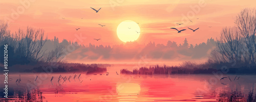 A radiant sunrise over a misty marsh with birds flying overhead. Vector flat minimalistic isolated illustration.