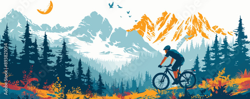 A cyclist riding a mountain bike through a scenic trail, enjoying the outdoors and adventure on a white background. Vector flat minimalistic isolated illustration.