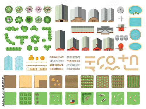 Farm top view. Landscape elements of farm village buildings roads barns and green gardens recent vector constructor