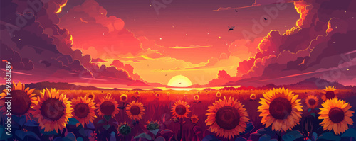 A radiant sunset over a field of sunflowers with bees buzzing among the blooms. Vector flat minimalistic isolated illustration.