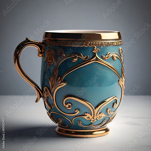  Elegant Blue and Gold Porcelain Mug with Detailed Ornamentation - Perfect for Sophisticated Coffee or Tea Time and Luxurious Home Décor