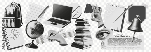 Set of school elements, a retro backpack for collages in a halftone style, pen, pencil, laptop, globe, torn sheet, newspaper. Vector illustration on the theme of school, study, university.
