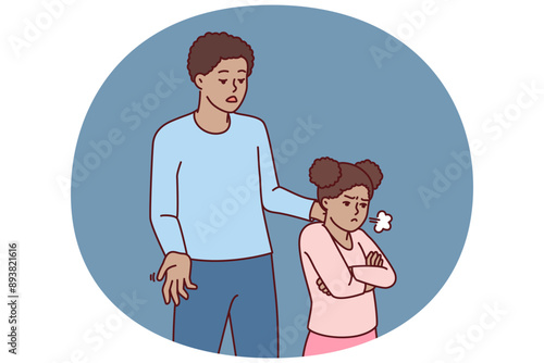 African American man comforts offended preteen girl after argument or punishment due to bad grades in school. Offended child turned away from father who does not want to spend time together