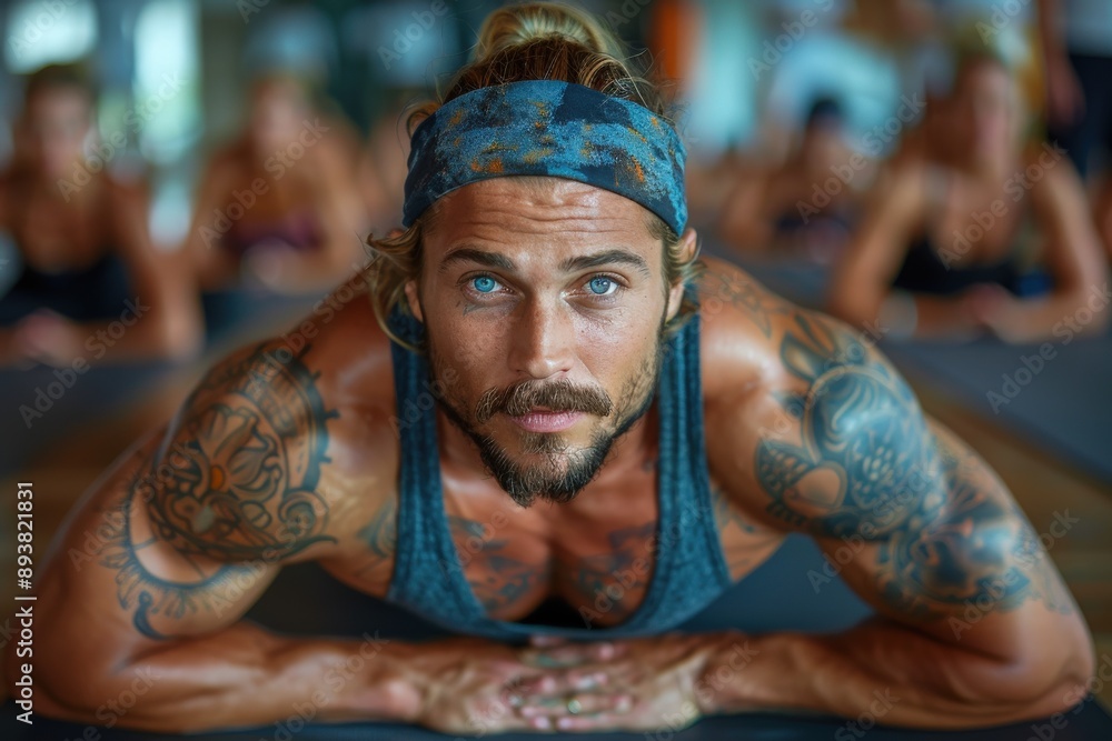 A fit yoga instructor with tattoos is in focus, engaged in an intense exercise, leading a workout session. Other participants are visible in the background of the studio. A fit yoga instructor with tattoos is in focus, engaged in an intense exercise, leading a workout session. Other participants are visible in the background of the studio.