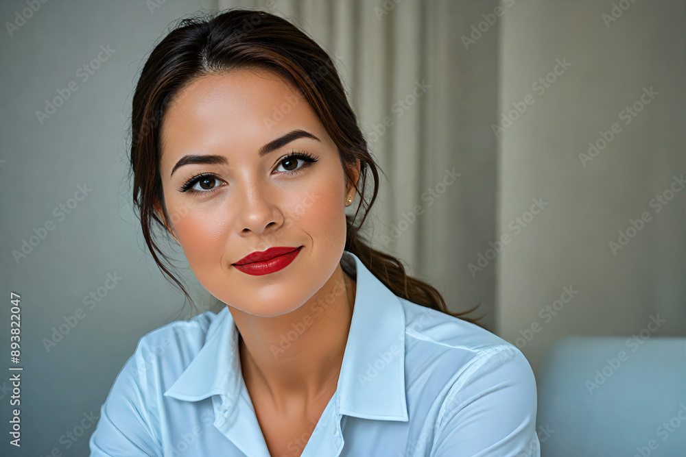 Portrait of a beautiful brunette woman, her hair tied back, made up with red lipstick. She smiles looking at the camera. She is wearing a white shirt. Portrait of a beautiful brunette woman, her hair tied back, made up with red lipstick. She smiles looking at the camera. She is wearing a white shirt.