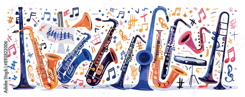 Jazz band instruments and musical notes on a plain white backdrop. Vector flat isolated illustration.